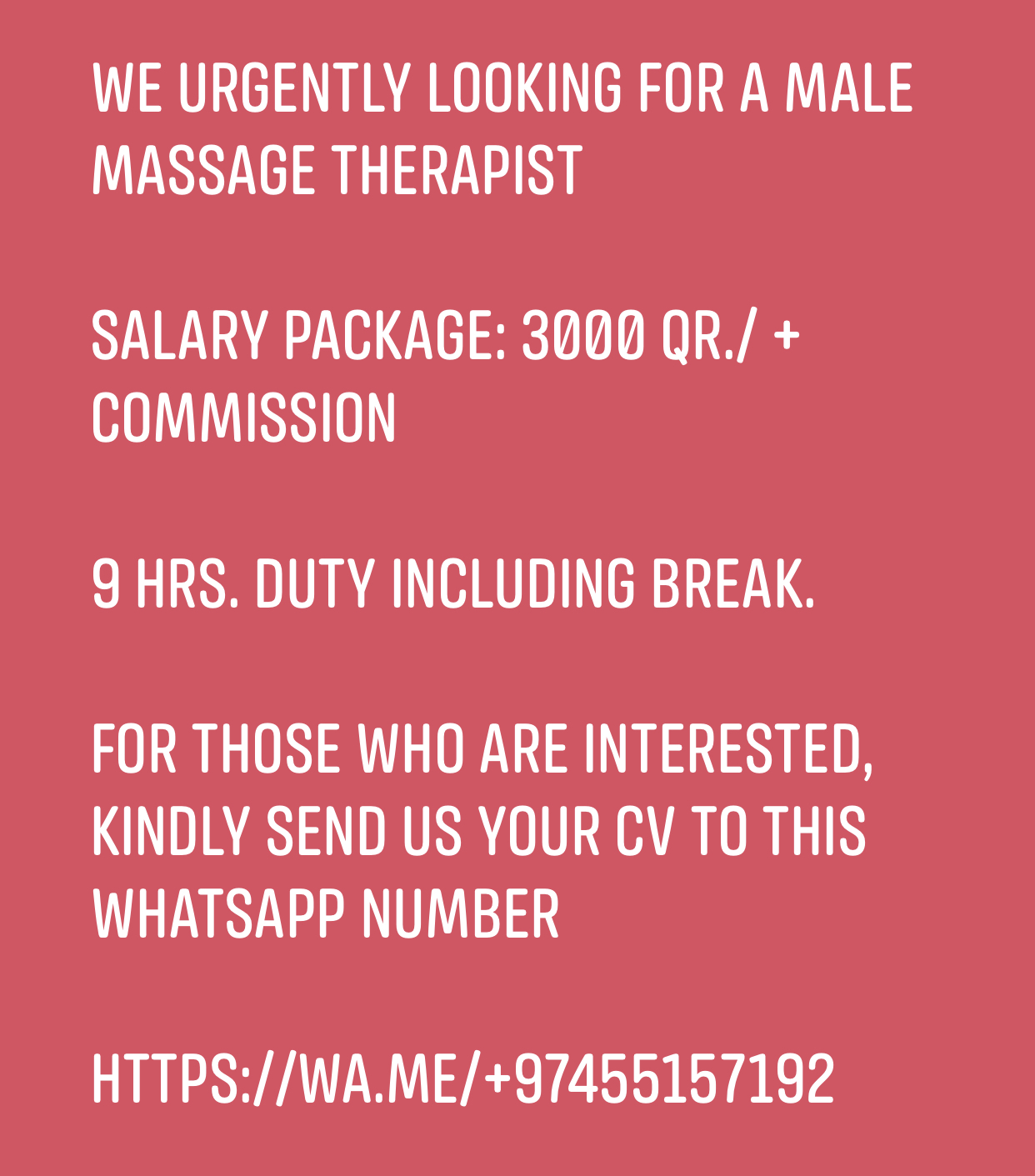 We urgently looking for a MALE MASSAGE THERAPIST