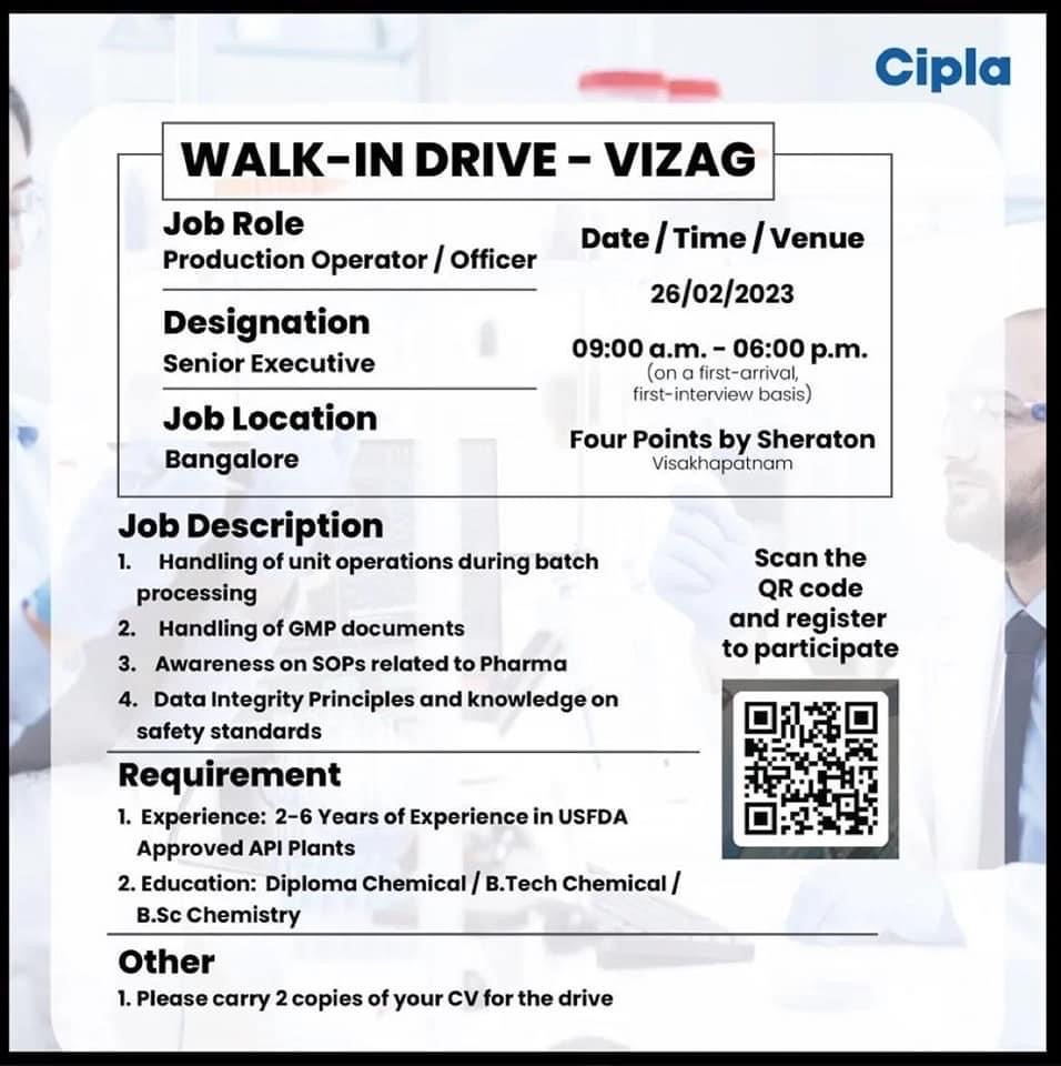 WALK-IN DRIVE - VIZAGJob RoleProduction Operator / Officer