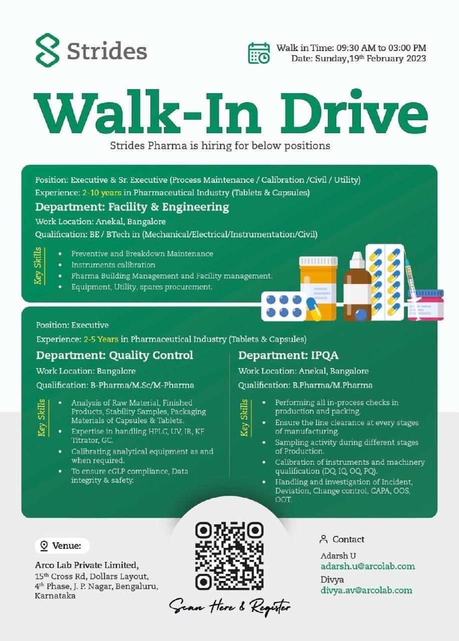Walk-In DriveStrides Pharma is hiring for below positions