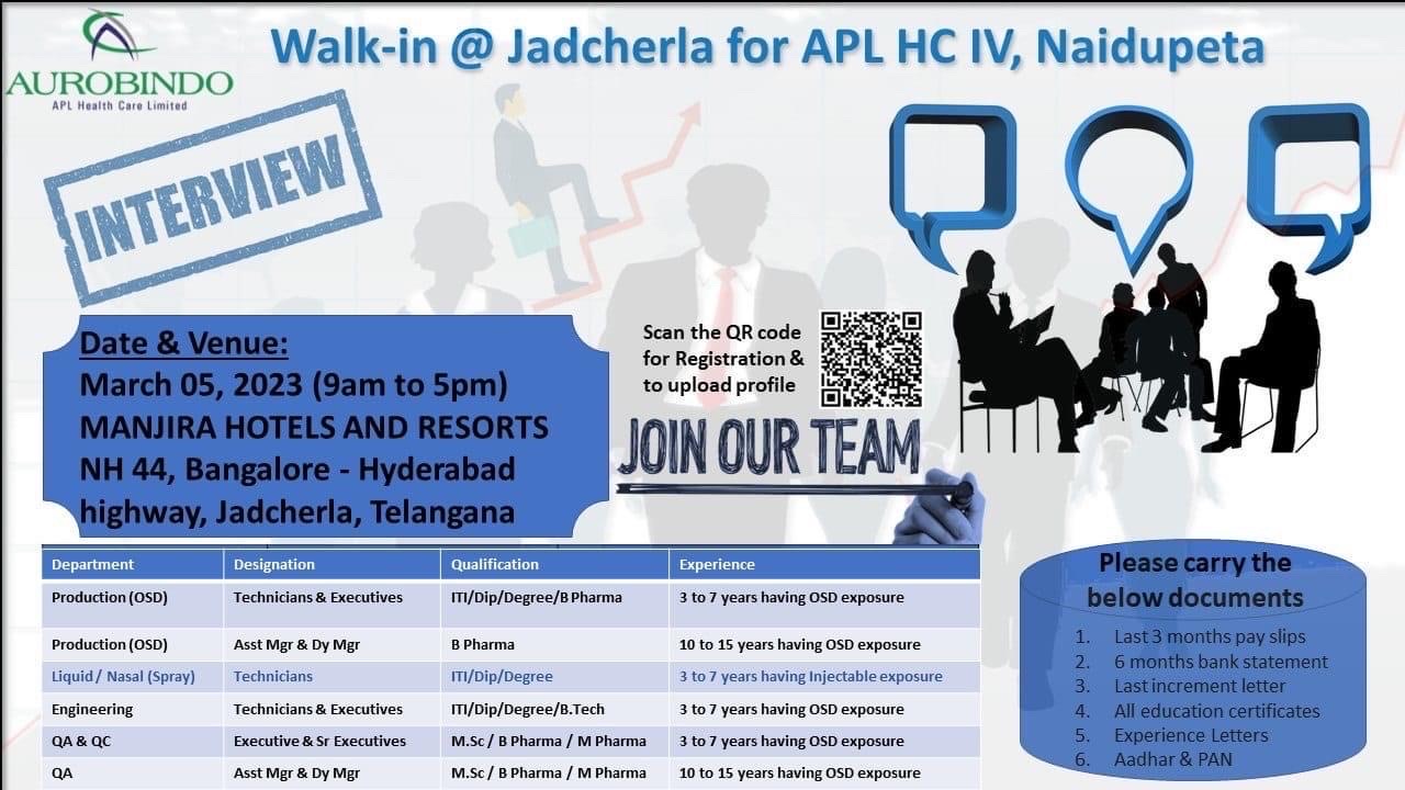 Walk-in @ Jadcherla for APL HC IV, NaidupetaAUROBINDOAPL Health Care LimitedINTERVIEW